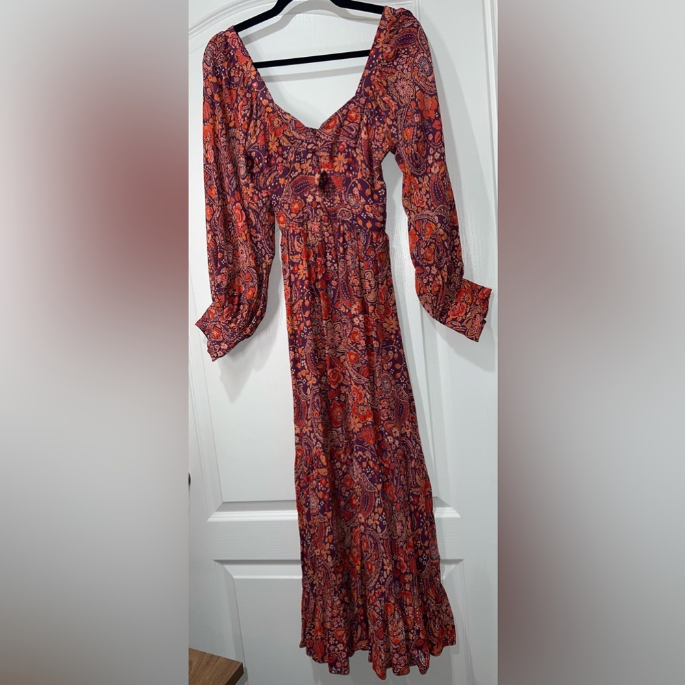 Angie Floral Print Boho Smocked Bust Maxi Dress Puffed Long Sleeve Women’s XS